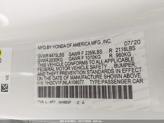 1HGCV1F36LA108077 Honda Accord Sport