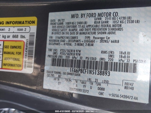 1FA6P8CF1N5138893 Ford tivct