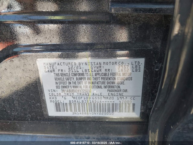 3N1AB8BV0NY225010 Nissan Sentra S Xtronic Cvt