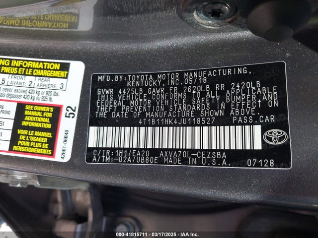 4T1B11HK4JU118527 Toyota CAMRY SE