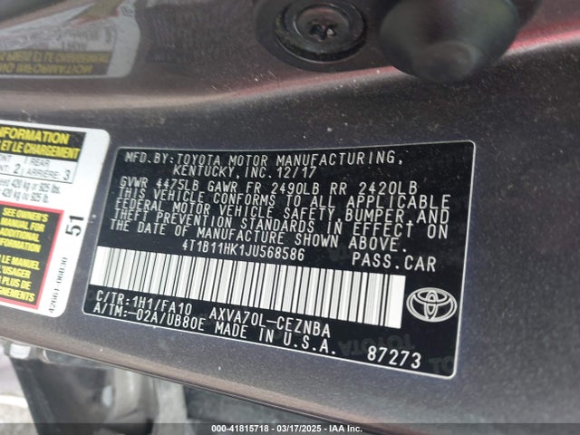 4T1B11HK1JU568586 Toyota CAMRY LE