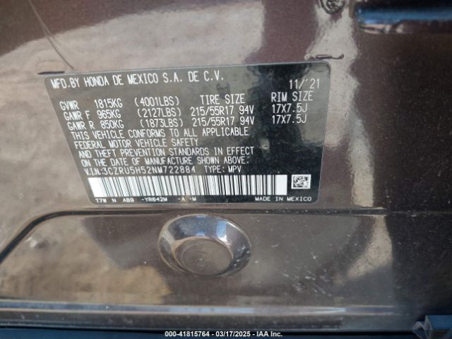 3CZRU5H52NM722884 Honda Hr-v 2wd Ex