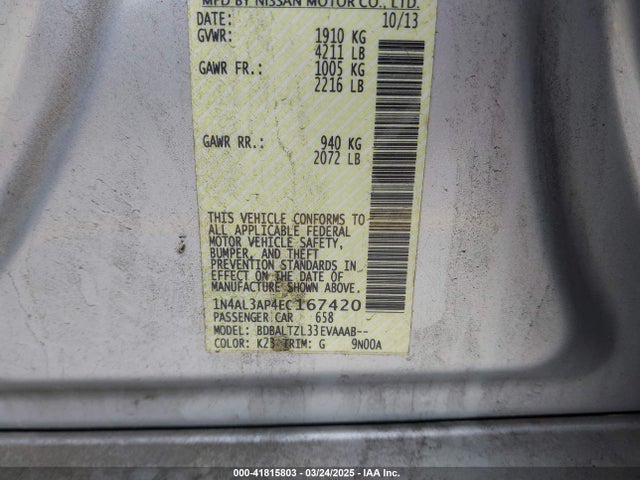 1N4AL3AP4EC167420 Nissan Altima 2.5 Sv