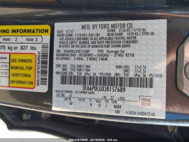 3FA6P0LUXJR157689 Ford Fusion Hybrid Se