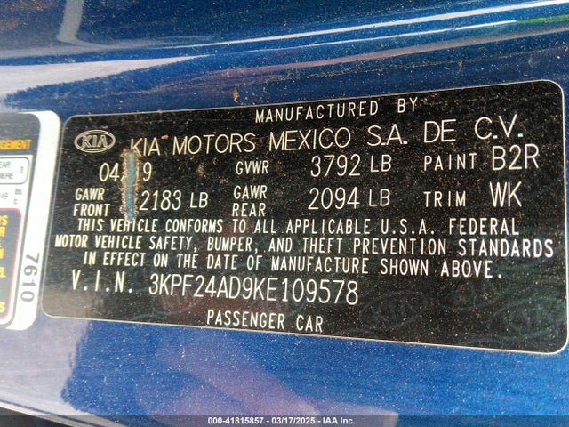 3KPF24AD9KE109578 KIA mpi nu