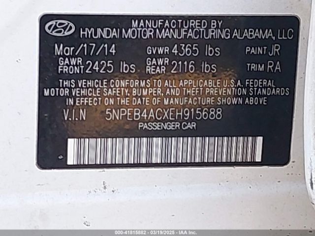5NPEB4ACXEH915688 Hyundai SONATA GLS