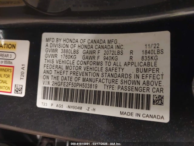 2HGFE2F50PH503819 Honda Civic Sport