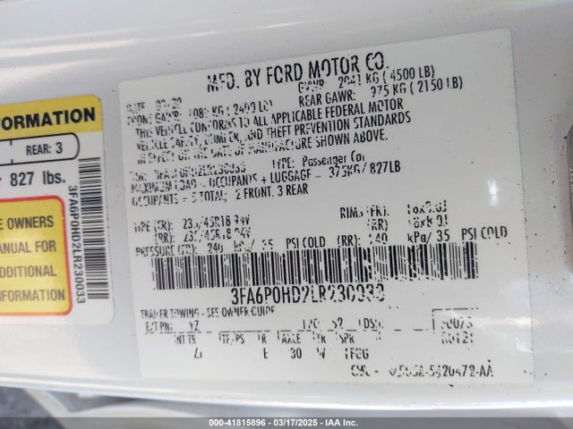 Ford FUSION SE 2020 3FA6P0HD2LR230033 Image 9