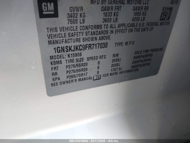 1GNSKJKC9FR717038 Chevrolet Suburban 1500 Lt