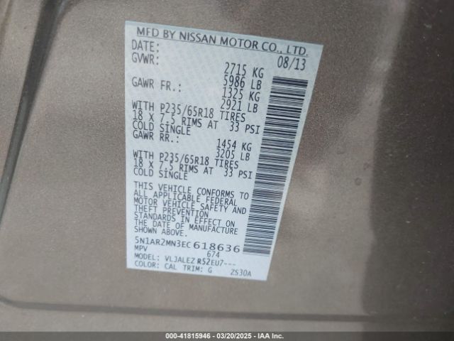 5N1AR2MN3EC618636 Nissan Pathfinder Sv