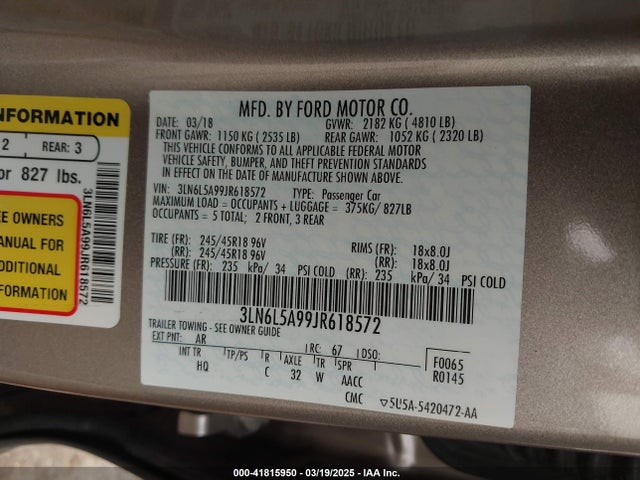 3LN6L5A99JR618572 Lincoln Mkz Premiere