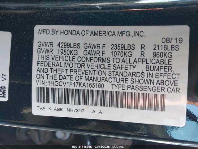 1HGCV1F17KA165160 Honda ACCORD LX