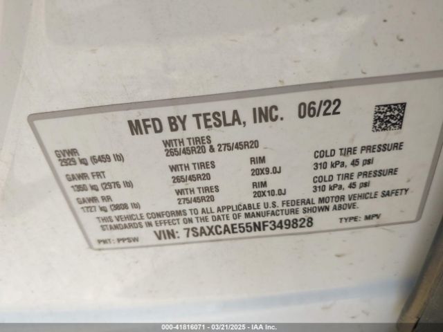 7SAXCAE55NF349828 Tesla Model X Dual Motor All-wheel Drive