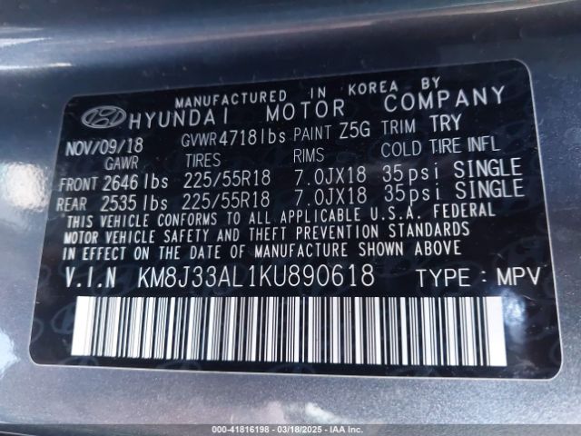 KM8J33AL1KU890618 Hyundai TUCSON SEL