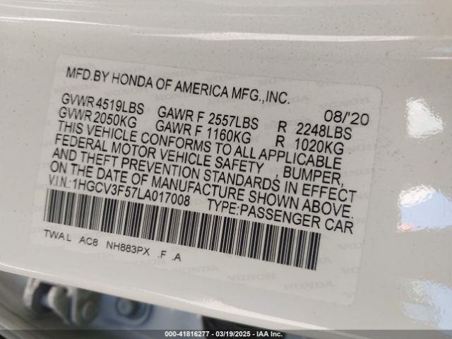 1HGCV3F57LA017008 Honda Accord Hybrid Ex-l