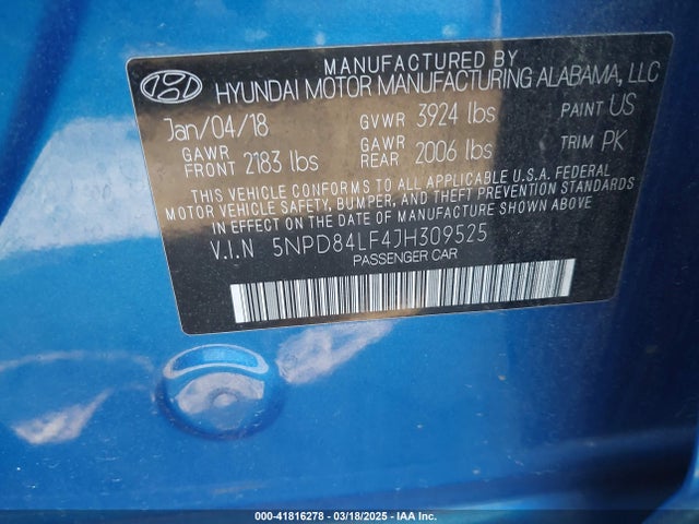 5NPD84LF4JH309525 Hyundai ELANTRA SEL