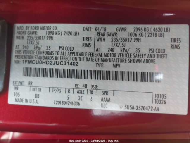 1FMCU0HD2JUC31402 Ford ESCAPE SEL