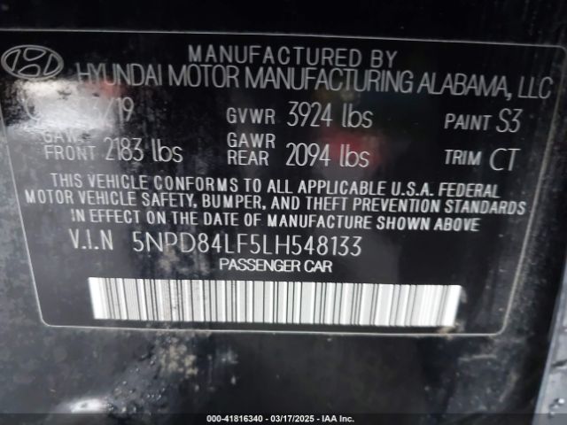 5NPD84LF5LH548133 Hyundai ELANTRA SEL