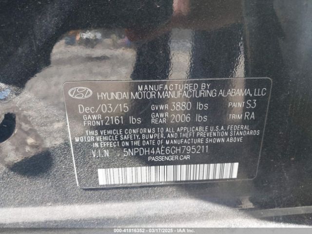 5NPDH4AE6GH795211 Hyundai ELANTRA SE