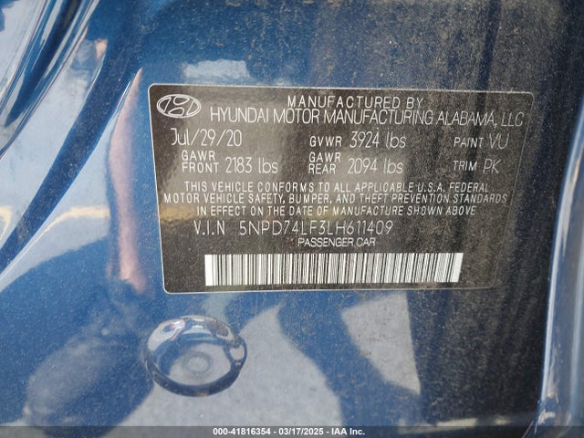 5NPD74LF3LH611409 Hyundai ELANTRA SE