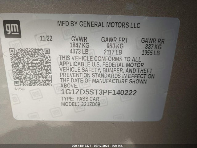 1G1ZD5ST3PF140222 Chevrolet Malibu Fwd 1lt