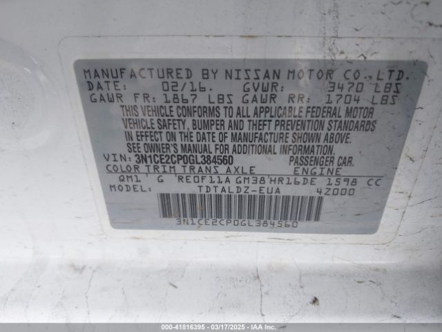 3N1CE2CP0GL384560 Nissan Versa Note Sv