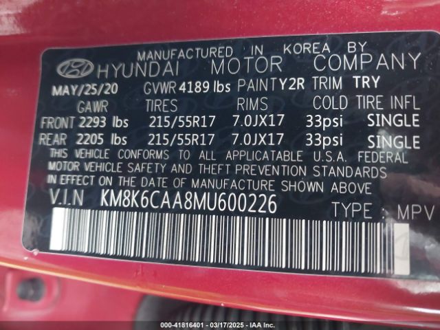 KM8K6CAA8MU600226 Hyundai Kona Sel Plus