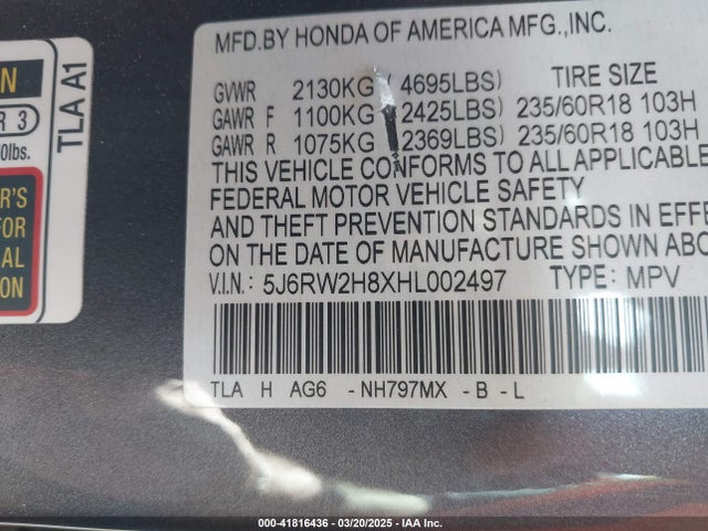 5J6RW2H8XHL002497 Honda Cr-v Ex-l/ex-l Navi