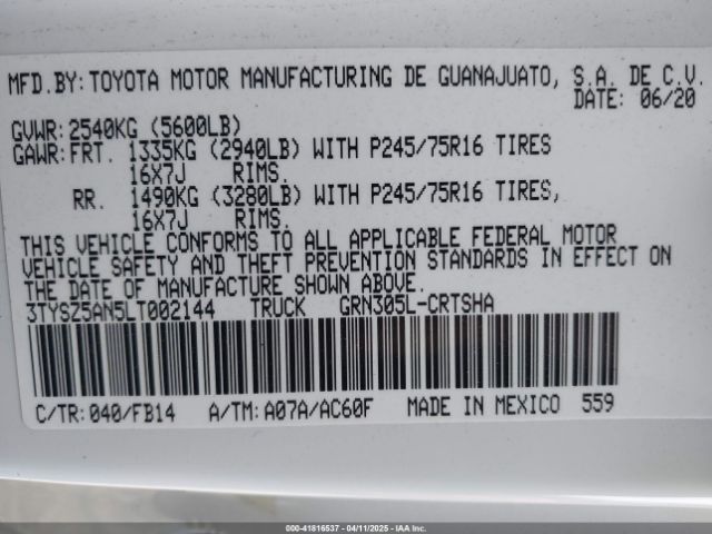 3TYSZ5AN5LT002144 Toyota Tacoma Sr V6