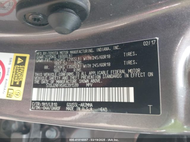 5TDJZRFH5HS391599 Toyota Highlander Xle