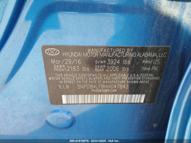 5NPD84LF8HH047843 Hyundai ELANTRA SE