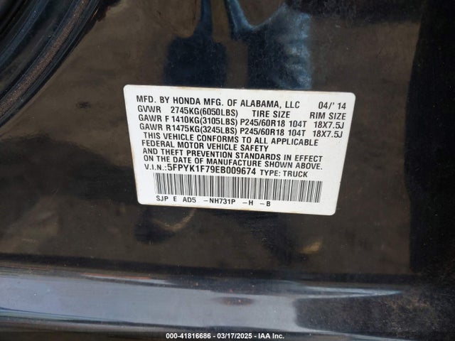 Honda j35z5 2014 5FPYK1F79EB009674 Image 9