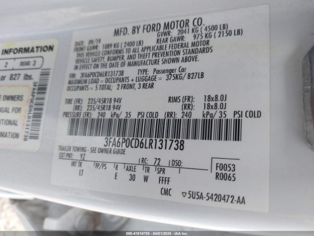 3FA6P0CD6LR131738 Ford FUSION SEL