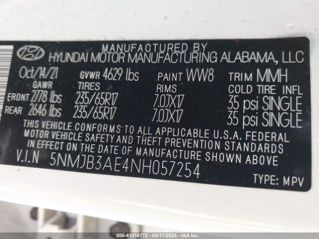 5NMJB3AE4NH057254 Hyundai TUCSON SEL