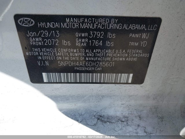 41816782 :رقم المزاد ، 5NPDH4AE6DH285601 vin ، 2013 Hyundai Elantra Gls مزاد بيع