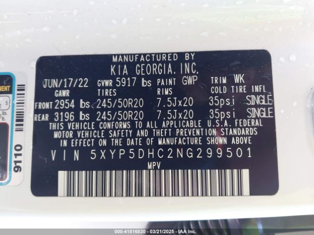 5XYP5DHC2NG299501 KIA Telluride Sx