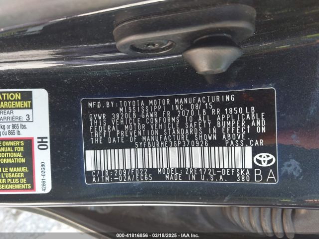 5YFBURHE3GP370926 Toyota Corolla S Plus