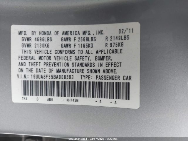 2011 ACURA TL 19UUA8F55BA008593 Photo 8