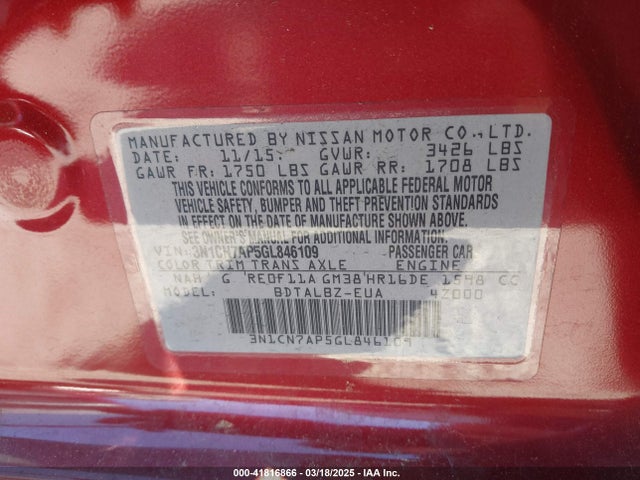 3N1CN7AP5GL846109 Nissan Versa 1.6 Sv