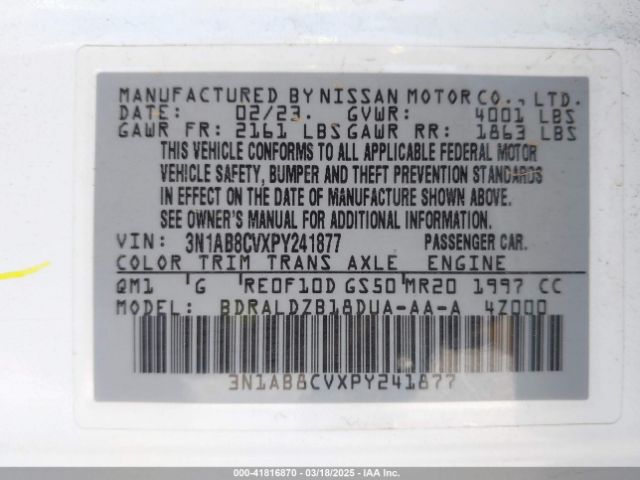 3N1AB8CVXPY241877 Nissan Sentra Sv Xtronic Cvt
