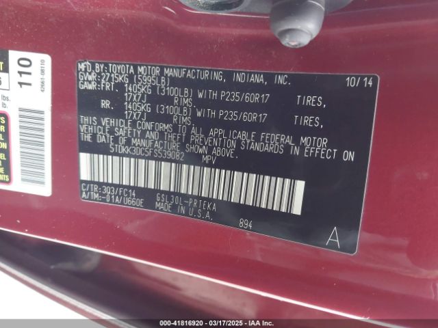 5TDKK3DC5FS539082 Toyota Sienna Le 8 Passenger
