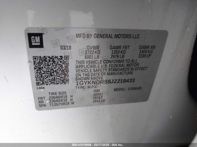 1GYKNDRS5JZ218433 Cadillac XT5 LUXURY