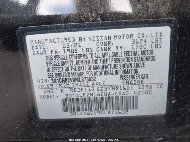 3N1CN8EV9ML873632 Nissan Versa Sv Xtronic Cvt