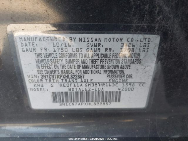 3N1CN7APXHL822857 Nissan Versa 1.6 Sl