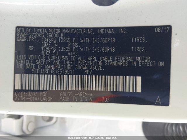 5TDJZRFH9HS519911 Toyota Highlander Xle