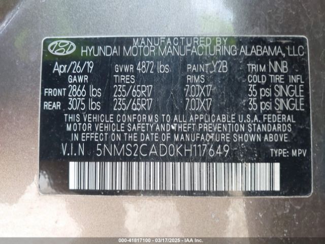 5NMS2CAD0KH117649 Hyundai gdi theta ii