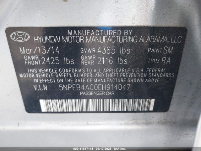 5NPEB4AC0EH914047 Hyundai SONATA GLS