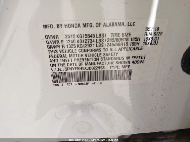 5FNYF5H5XJB022993 Honda Pilot Ex-l