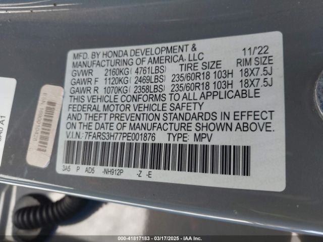 7FARS3H77PE001876 Honda Cr-v Ex-l 2wd