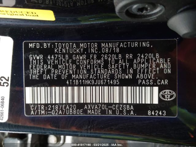 4T1B11HK9JU671495 Toyota CAMRY SE
